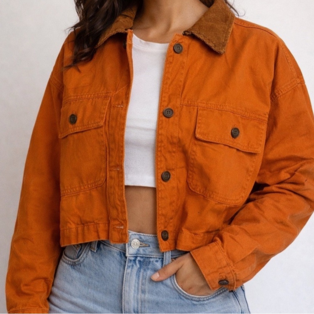 Wild Fable Vibrant Orange Jacket with Brown Corduroy collar